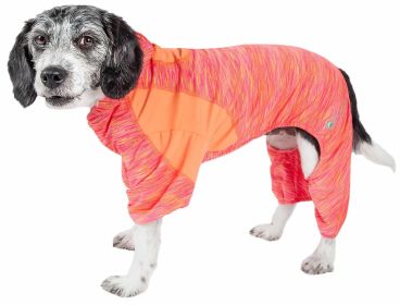 Pet Life Active 'Downward Dog' Heathered Performance 4-Way Stretch Two-Toned Full Body Warm Up Hoodie (Color: orange)